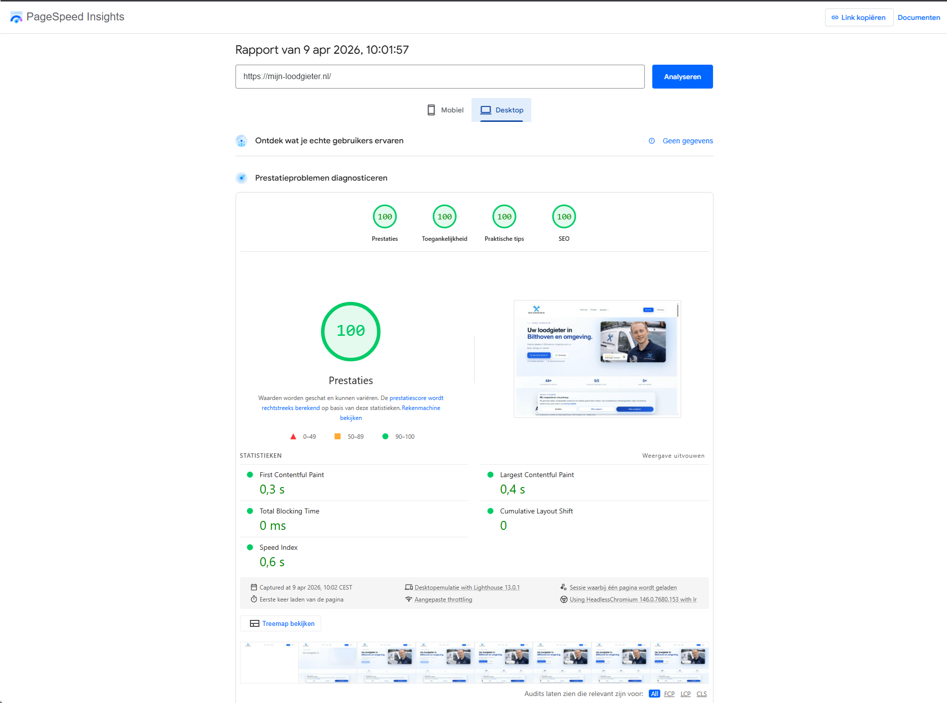 Lighthouse rapport desktop mijn-loodgieter.nl, score 100/100